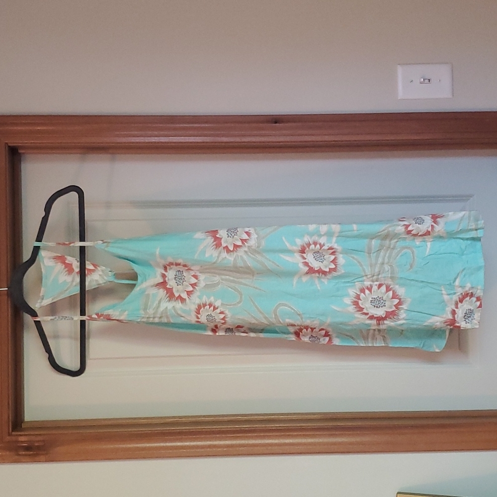 Teal cotton dress with cream and burnt orange flowers